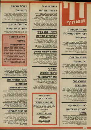 העולם הזה - גליון 1977 - 23 ביולי 1975 - עמוד 4 | ריאזרגניווניה בעדים חדשים במשרד הדתות ל״דורו אד״ שר־הדתות, ד״ר יצחק רפאל, החריט לבצע ריאורגניזציה במישרדו. הכוונה היא להחליף את הפקידים הוותיקים, היושבים
