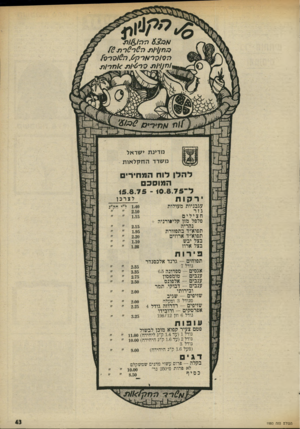 העולם הזה - גליון 1980 - 13 באוגוסט 1975 - עמוד 43 | 6 2 3 *4ר רו 11± 17 תי 3סו > ך רו * ר 7ך , 6ת 0ךרס/ //77/׳/מי קן ד 6׳/מ. מדינת ישראל משרד החקלאות ל ה לן לו חהמ חי רי ם ה מו סכם ל ־ 10.8.7 5־ 15.8.75 לצרב