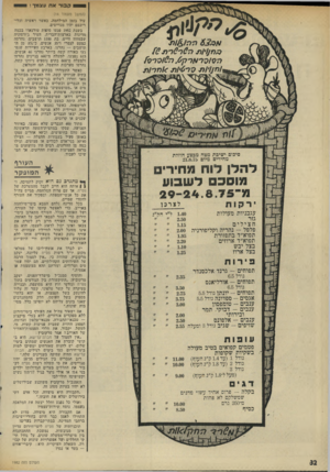 העולם הזה - גליון 1982 - 27 באוגוסט 1975 - עמוד 33 | 0קבור אח עצמך ! (המשך מעמוד ) 14 6 2 3 * 1ו ך היו &ו הי 3תן/׳/ח > 677ר 3ר /״3 3 ( 7סו > ך ר * 4ר 7ך . 6 סיכום ישיבת מטה מבצע הוזלת מחירים מיום 21.8.75 להלן לוח