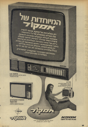 העולם הזה - גליון 1996 - 3 בדצמבר 1975 - עמוד 40 | פרסום-:א. נלבלוס ספקטרהסלקט רוני ק 25/24 4 5 0 בורר סנסור ואוזניות להאזנה אישית. ל* תמכורד לז ד ז עורות /נם בל הלב! לרשותך סניף נוסף, גדול ומרווח של ־אלופא־ ׳
