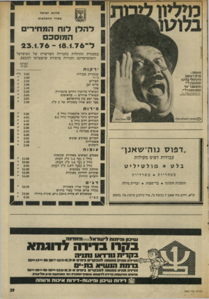העולם הזה - גליון 2003 - 21 בינואר 1976 - עמוד 39 | מדינת ישראל להלן לוח המחירים 1 המוסלם 1 1 משרד החקל או ת 2 3 . 1 7 6 במסגרת ההוזלות בחנויות השרשרת של הסופרסל והסופרמרקט וחנויות פרטיות שהצטרפו למבצע. לצרכן