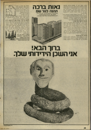 העולם הזה - גליון 2022 - 2 ביוני 1976 - עמוד 46 | במבט ראשון נראו לך השכנים ברירה החדשה נחסרים ומנומסים. אבל לא עבר ומן רב ער שהתגלתה האמת וקשה היה לך לאהוב את שכניך. הרעש הבלתי נסבל, ההזנחה בחדר המדרגות