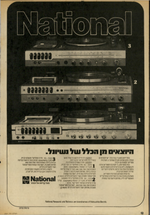 העולם הזה - גליון 2024 - 16 ביוני 1976 - עמוד 12 | ורסנ איס וון הכלל עול 1עויו 1ל. כלל ידוע הוא כי בכל כלל יש יוצאים מן הכלל, ולכן מציגה חברת נשיונל 3מערכות סטריאו יוצאות מן הכלל. כלל נוסף הוא, כי מערכת הסטריאו