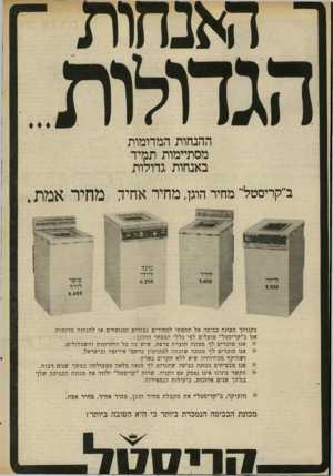 העולם הזה - גליון 2025 - 23 ביוני 1976 - עמוד 20 | מנ חו ת ההנחות המדומות מסתיימות תמיד באנחות גדולות ב״קריסטל״ מחיר הוגה מחיר אחיד מחיר אמת . בקנותך מכונת כביסה אל תתפתי למחירים גבוהים ומנופחים או להנחות