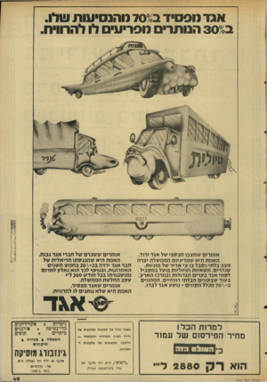 העולם הזה - גליון 2043 - 27 באוקטובר 1976 - עמוד 49 | אגד מפסיד 700 מהנסיעות שלו. 300 הנותרים מפריעים לו להרוויח. אומרים שמצבו הכספי של אגד ירוד. האמת היא שמדיניות הממשלה יצרה מצב בלתי נסבל בו צי אדיר של מוניות,