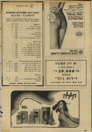 העולם הזה - גליון 2045 - 10 בנובמבר 1976 - עמוד 38 | ...ושוב הסק הבינלאומי הר א שון -ר א שון! משרד החקל או ת תוכנית החסכון החדשה ל ה לן לו חהמ חי רי ם ה מו סכם ל ־ 7.11.7 6־ 12.1176 במסגרת ההוזלות בחנויות השרשרת