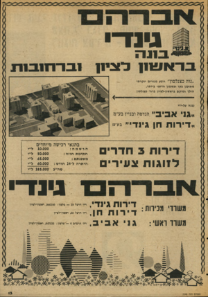 העולם הזה - גליון 2048 - 1 בדצמבר 1977 - עמוד 13 | בינד־י בינה ברא שי ! ל צי ח 0 1־111:1111 ״נ 1ה כ צנ ל סו ן ״ רובע מגורים יוקרתי מתוכנן בקו ובסגנון חדשני ביותר, הולך ומוקם בראשון-לציון ברח׳ כצנלסון נבנה