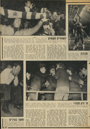 העולם הזה - גליון 2055 - 19 בינואר 1977 - עמוד 37 | האוהדים הקנאי אוהדי מכבי תל־אביב מריעים לקבוצתם ננס עלות כדורסלני מכבי תל־אביב למיגרש. לא פעם מחו אוהדיה של מכבי תל־אביב נגד השופטים, כשהם משליכים למיגרש