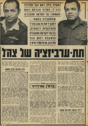 העולם הזה - גליון 2058 - 9 בפברואר 1977 - עמוד 11 | באקראי גילה ראש אגו ההדרכה נצה״ל, ה א רו ו אברהם רותם (משמאל) עד החלמה מהפ כנית שהתקבלה בחשאי ־ להעביר את הדגש בצ היל מ האי נו תיו ת ל נמו תיו ת, בניגוד לתפיסה