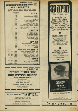 העולם הזה - גליון 2064 - 23 במרץ 1977 - עמוד 47 | משרד החקל או ת להלן לוח המחירים 3019171 ו וח₪ו33 במסגרת ההוזלות בחנויות השרשרת של הסופרסל והסופרמרקט וחנויות פרטיות שהצטרפו למבצע. ציורים • גרפיקה • פסלי ם