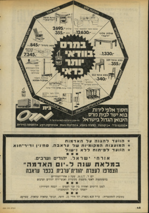 העולם הזה - גליון 2064 - 23 במרץ 1977 - עמוד 48 | פינ ת או כ ל ״זו די א קו ״ מערכת ישיבה ״ מתהפכת ״ ״ברץ׳ שול חו סלוני /ר, ח^ב כסאנ דנ ד ה מערכת י שיב ה יוסף מלך ה ש טי חי ם עם מבחר שטיחים כסא או כ ל 112