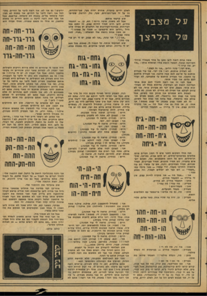 העולם הזה - גליון 2065 - 30 במרץ 1977 - עמוד 19 | מצבר טלה לי * צ ך אשה אחת רואה ליצן נשען על אחז מעמודי אוהל- הקירקס ובופה. האשה ניגשת אליו ושואלת אותו :״מה יש, מה קרה ! ״ ״שום דבר,״ עונה הליצו ,״אני נח קצת.״