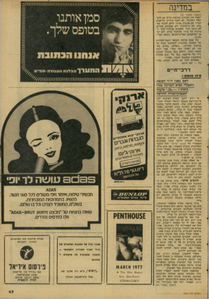 העולם הזה - גליון 2065 - 30 במרץ 1977 - עמוד 47 | במדינה (המשך מעמוד )37 יעמיד את הפקחים בעימות חריף עם היש ראלי המלכלך, לא דאגה עיריית תל־אביב לצייד את אנשיה בציוד הולם להגנה עצ מית, לא גז־מדמיע ולא אמצעים