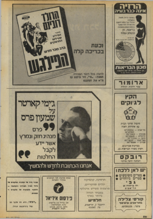 העולם הזה - גליון 2071 - 11 במאי 1977 - עמוד 56 | הרזיה אינ הבברב עי ה זכעת בבריכה קלה (ובון ה ב רי או ת ב - 1י ר. ודוז • 7 3ת ״ א • ט ל 2 3 8 0 6 3 : בו עו ת ההרוטסר1 0 .0 0 • 1 8 .0 0 : . להשיג בבל דוכני