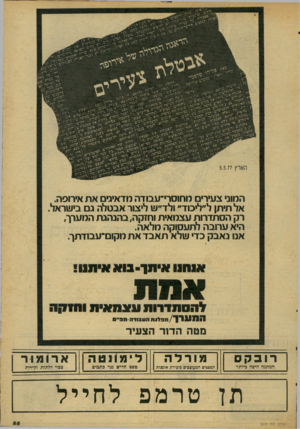 העולם הזה - גליון 2075 - 8 ביוני 1977 - עמוד 55 | המוני צעירי מחוסרי־עבודה מדאיגים את אירופה. אל תיתן ל״ליכוד״ ולד״ש ליצור אבטלה ג בישראל רק הסתדרות עצמאית וחזקה, בהנהגת המערך, היא ערובה לתעסוקה מלאה. אנו נאבק