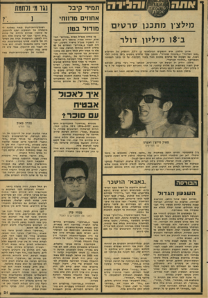 העולם הזה - גליון 2085 - 17 באוגוסט 1977 - עמוד 21 | מילצ׳ןמת כנן ס ר טי ם ב־$ו מיליון דולר ארנון מילצ׳ן, איש העסקים הבינלאומי בן ה־ ,33 והמפיק של הסרטים ״מגע המדוזה״ ו״שימחה שחורה״ ,מתכנן עתה סרטים נוספים ב־ 18