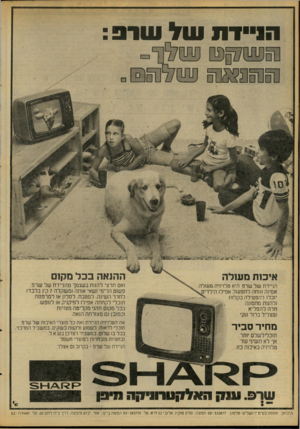 העולם הזה - גליון 2093 - 12 באוקטובר 1977 - עמוד 10 | שרב : איכות מעולה ההנאה בכל מקום הניידת של שרפ היא טלויזיה מעולה אמינה ונוחה לתפעול. אפילו הילדינה יוכלו להפעילה בקלות ולהגות מתמונה חדה להפליא ומצליל ברור