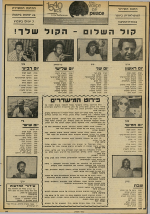 העולם הזה - גליון 2095 - 26 באוקטובר 1977 - עמוד 40 | ה ת חנ ה המ שדרת ת חנ ת ה שידול 063£6 הפופולארית ביותר במזרח־התיכון קול חצות הצגת חצות ״ 0300 לקראת שחר 0600 מוסיקה לארוחת־בוקר 0900 תוכנית הבוקר * 1200 מוסיקה