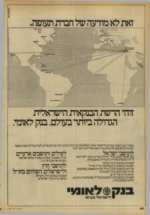 העולם הזה - גליון 2097 - 9 בנובמבר 1977 - עמוד 20 | משרדי בנק לאומי עומדים לרשותך בארץ ובשלוחות בניו יורק,שיקגו,לוס אנגילס,פריס,לונדון,ציריהדנבה ובשאר המרכזיים הפיננסיים בעולם,סה״כ 36 משרדים ברחבי תבל. לתושבי