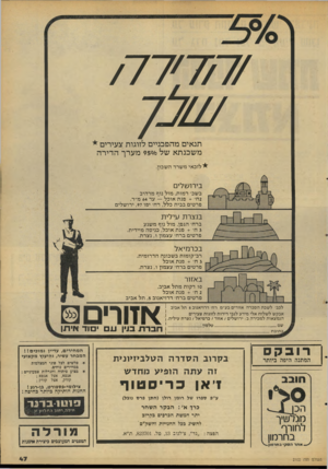 העולם הזה - גליון 2102 - 15 בדצמבר 1977 - עמוד 47 | /חד שכך תנאים מהפכניים לזוגות צעירים משכנתא של 950/0מערך הדירה ולזכאי משרד השכון. בירושלים בשב׳ רמות, מול נוף מרהיב 2ח׳ +פנת אוכל — עד 64מ״ר. פרטים בבית בלל,
