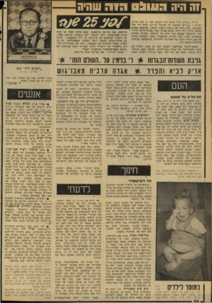 העולם הזה - גליון 2132 - 12 ביולי 1978 - עמוד 66 | זה היה 091113 חו ה שורה גיליון ״העולם הזה״ שראה אור השבוע לפני 25 שנה כדיוק, הקדיש 5עמודים לכתבתו של אליעזר כר־לכ, שלא היה חכר דמערכת, כהם גולל את פרטת ויקטור
