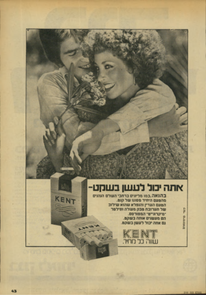 העולם הזה - גליון 2141 - 13 בספטמבר 1978 - עמוד 43 | אתה יבול לעשן בשק־ בהנאה. כ מו מליוגים ברחבי העולם הנהנים מהטעם היחיד מסוגו של קנט. הטעם העדין והנפלא שהוא שילוב של תערובת טבק מעולה ופילטר ״מיקרונייט״
