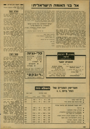 העולם הזה - גליון 2158 - 10 בינואר 1979 - עמוד 40 | י ל שקד אין רגל״ אל ס י האומה הי שר אלי ת! במהלך מאה השנים האחרונות, ובעיקר בשלושים שנות המנדט הבריטי, נוצקו יסודותיה! של שתי אומות חדשות: האומה היש ראלית