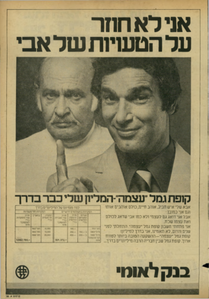 העולם הזה - גליון 2163 - 14 בפברואר 1979 - עמוד 53 | אנילאחוזר על הטעויות של אבי קופת גמל עצמה -המליח שלי כבר בדרך אבא שלי איש חביב, אוהב חיים, כולם אוהבים אותו וגם אני כמובן. אבל אני דואג גם לעצמי ולא כמו אבי
