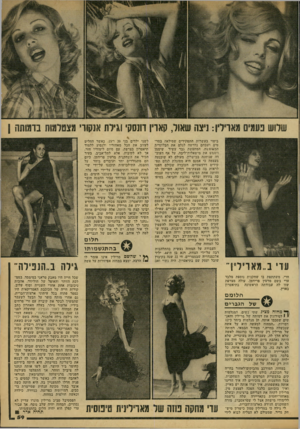 העולם הזה - גליון 2165 - 28 בפברואר 1979 - עמוד 59 | שלוש נעמיס מאוילין: ניצה שאור, קאוין חשקי וגילח אנקורי מצנודמוח בדמותה [ ביטוי בעשרות התפקידים שמילאה בסר טים ושבהם נדרשה לגלם את הבלונדית המטופשת, המחפשת ג בר