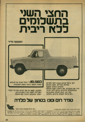 העולם הזה - גליון 2171 - 11 באפריל 1979 - עמוד 90 | החצי העמי בתשכוכזים ללץ ן ריבית רום כרמל עורכת מבצע חסר תקדים בשיווק סנדרים. אתה משלם מחצית המחיר ומקבל מיד את המכונית. את היתרה אתה משלם בתשלומים חדשיים נוחים