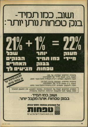 העולם הזה - גליון 2176 - 16 במאי 1979 - עמוד 16 | ושוב, כמו תמיד- בוס טפחות וותן יותר: ב תכני ת החיסכון ־ טפ חו ת עד 12״ תקבל 220/0מענק מיידי על הפקדותיך, הקרן והמענק נושאים ריבית והצמדה והכל פטור מ מס. ב תכני