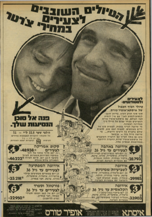 העולם הזה - גליון 2177 - 23 במאי 1979 - עמוד 54 | ^ ׳ םהשונניי1 !!נ חי ר ל צ עי רי ולם טודוטיס טיולי הכיף הכפול של איטתא״אופיר טורס. סוף סוף הגיע הקיץ; בדיוק הזמן לנ סו ע! לנ סו ע לאן? עם מיל לנ סו ע לבל