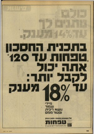העולם הזה - גליון 2185 - 18 ביולי 1979 - עמוד 28 | בתכנית החסכון טפחות עד 120 אתה כול לקבל יותר: עד מענק מיידי וצמוד משת ריבית ופטור ממם סל תסתפק 9 3חו ת -ה 0ו ן !1131 ״ ט ב תו ת יצע; בנק משכנתאות דישראלבע־־מ