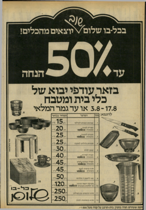 העולם הזה - גליון 2188 - 8 באוגוסט 1979 - עמוד 16 | בכל־בו שלום/א יוצאים מהכלים! הנחה בזאר עודפי יבוא של כלי בית ומטבח 3.8 - 17.8או עד גמר המלאי לדוגמא המוצר סכינים קטנים לקילוף קערית למרק * מזכוכית תבנית לחמאה^