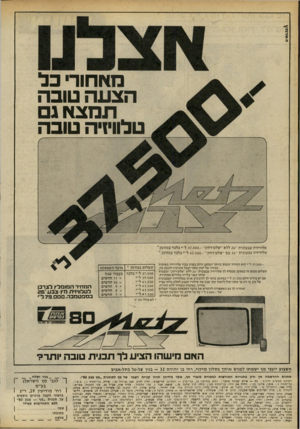 העולם הזה - גליון 2193 - 12 בספטמבר 1979 - עמוד 33 | מאחור כ ל הצעה טוב ה תמצאג טלוויזיה טוב ה טלוויזיה צבעונית ״ 26 ללא ״שלט־רחק״ 37,500.-ל״י בלבד במזומן טלוויזיה צבעונית ״ 26 עם ״שלט־רחק״ 42,500.-ל״י בלבד