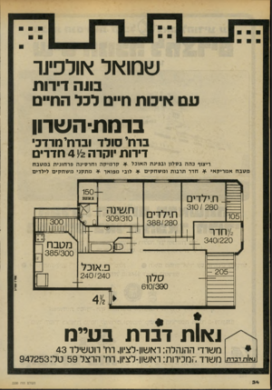 העולם הזה - גליון 2200 - 31 באוקטובר 1979 - עמוד 34 | ש מו אל אולפינר בונה דירו ת ע ם איכות חיים לכל החיים ברמת־השרון בדחי סולד ובדחימרדב דירות וקדה ^ 4חדרים ריצוף בההבס לון ו ב פינ ת ה או כ ל * ק ר מי קהוחר סינ