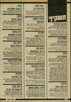 העולם הזה - גליון 2201 - 7 בנובמבר 1979 - עמוד 34 | 0 13 3י ח ־ 3ר ל 3׳ בשבת הקרובה יתכנס שוב חוג בית ברל. את החוג, המתכנס בניגוד לרצונו של יושב־ראש מיפלגת־העבודה, ח״כ שימעון פרס. ינחה ח״כ אברהם כץ־עוז. החוג