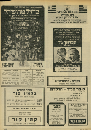 העולם הזה - גליון 2207 - 19 בדצמבר 1979 - עמוד 59 | נחס!״ אברה גינדי תיאטרון מבט סציג: 5£ס 9 0 אםסטיי 7ן אזבס טיי ק ה או ס כחיל טרופיהל סייסטה טרופיסנה בתכניתה החדשה חוויה נדירה *אקסטזה אמיתית מבחדט שי ר שז־ ס ל