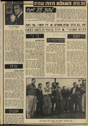 העולם הזה - גליון 2209 - 2 בינואר 1980 - עמוד 69 | 7ה היה ה שג ה 1ה שחיה גיליון ״העולם הזה״ שראה אור השבוע לפני 25 שנד בדיוק, הקדיש מקום לכתבה בשם ״עשרה מול מצרים״ מאת מלח כשיר ם/מ כת־גלים שלמה לויצקי, מאנשי
