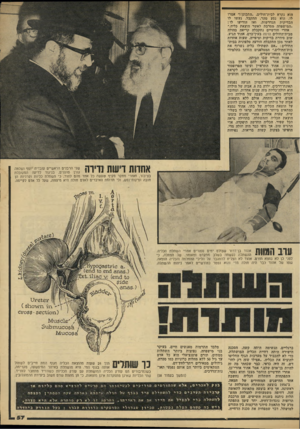 העולם הזה - גליון 2210 - 9 בינואר 1980 - עמוד 57 | היא נקרא לבית־חולים .״התבונן!״ אמרו לו. הוא נסע מהר, התקבל, נעשו לו הבדיקות הנדרשות, ואז הודיעו לו : ״המישפחה מסרבת לאשר הוצאת כליה.״ אחרי חודשיים נתקבלה קריאה