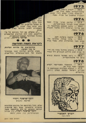 העולם הזה - גליון 2211 - 16 בינואר 1980 - עמוד 12 | — 22.1לינדון ג׳ו. : ארצות״הברית, נפטר בגיל .65 רב־אלוף (מיל ).יעקוב דורי, שהיה רמטכ״ל הראשון של צד,״ל, נפטר. 1974 קפאו — 17.1שלושה קציני צה״ל למוות סמוך למינזר