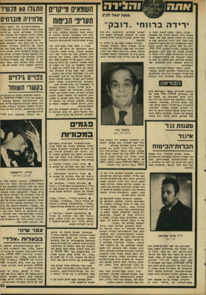 העולם הזה - גליון 2215 - 13 בפברואר 1980 - עמוד 33 | א ת 1ז׳ י והג ־ ד ה מאת יגאל לביב יריד ה ב רוו חי ״דו ב ק חגרת ״דובק״ תנסה להציג השנה ב- מאזנה רווח הדומה לרווח של אשתקד, שהיה 72 מיליון לירות לפני מס. משמעות
