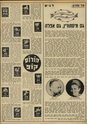העולם הזה - גליון 2217 - 27 בפברואר 1980 - עמוד 55 | מזל החודש: גם מיסתוה, גם סמל המזל — שני דגים, שכל אחד פונה לכיוון אחר. זו, אולי, הסיגח לפן שיותר מכל מזל אחר, קשה לומר מיהו ומהו גן מזל־דגים. האווירה הקורנת