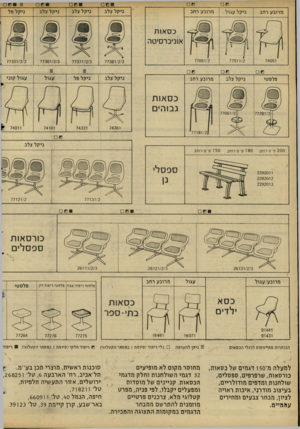 העולם הזה - גליון 2218 - 5 במרץ 1980 - עמוד 36 | הנותרות מתייחסות לרגלי הכסאות למעלה מ־ 50ו דגמים של כסאות, כורסאות, שרפרפים, ספסלים, שולחנות ומדפים מודולריים, בעיצוב מודרני, איכות ראויה לציון, מבחר צבעים
