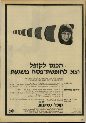 העולם הזה - גליון 2219 - 12 במרץ 1980 - עמוד 12 | דו ב ר הכנס לקופל וצא לחופשת־פשח משגעת כשהאביב מגיע, אתה רוצה לצאת מן השיגרה ולמצות א ת חופשת הפסח עד תומה. סע עם קופל לאביב בחו״ל: חופשות )1שבוע ברודוס, החל