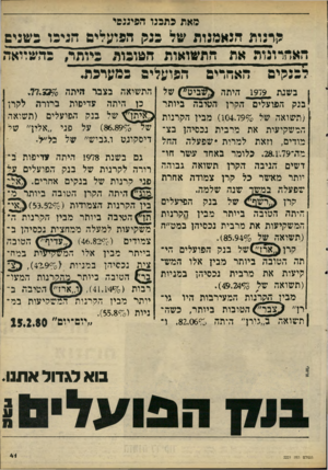 העולם הזה - גליון 2221 - 26 במרץ 1980 - עמוד 41 | מאת כתפנו הפיננסי• ?!רנות הנאמנות של כני! הפועלים חניכו כשנים האחרונות את התשואות המוכות כיותר, כהשוואה רכנה! ים האחדים הפועלים כמערכת. ן בשנת 1979 היתד^