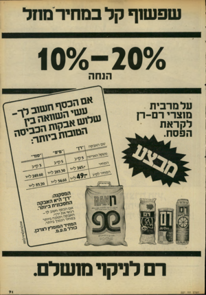 העולם הזה - גליון 2221 - 26 במרץ 1980 - עמוד 71 | שפו שה קל במחיר ס הל 2070 הנחה 6ל 1 0 על מרבית . מוצרי רס-רן לקראת הפסח. ל א ריז ה. המס קנ ה; הי דת הי״ _רזטיבה 5ב הככזרך גיון י ר הגזוגז ל, רם לניקוי מושלם.