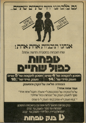 העולם הזה - גליון 2228 - 14 במאי 1980 - עמוד 18 | גם בלכתנו יחד שתיים שתיים... אנחנו תובנוות אחת אחת! שתי תוכני 1ת במסגרת חדשה אחת! >ובחות כבול שת״ם חסכון ל ת קו פ ה של 4שנים חסכון ל ת קופ ה של 5ו!ונ מ ענ ק