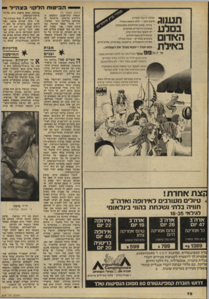 העולם הזה - גליון 2229 - 20 במאי 1980 - עמוד 72 | תענוג בסלע האדום באילת אצלנו זו כבר מסורת: הרבה יותר -ללא תוספת במחיר. * בידור, צחוק ואירועים משעשעים. * מוסיקה וריקודים במועדון. * יין חופשי בארוחות ערב. ׳