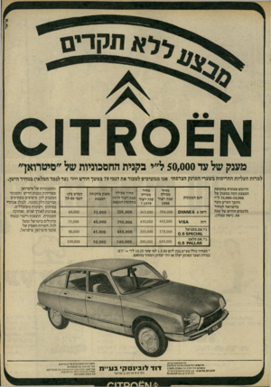 העולם הזה - גליון 2232 - 11 ביוני 1980 - עמוד 11 | מענק של עד 50,000ל״י בקנית החסכוניות של ״סיטרואך למרות העליות החריפות בשערי הפרנק הצרפתי אנו ממשיכים למכור את דגמי 79 במשך חודש יוני(עד לגמד המלאי) במחיר הישן.
